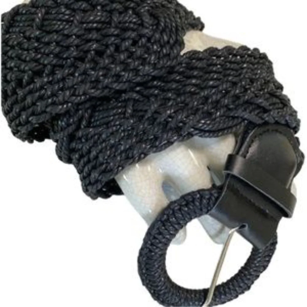 BLACK CROCHET WOVEN LEATHER JUTE BELT WIDE M/L